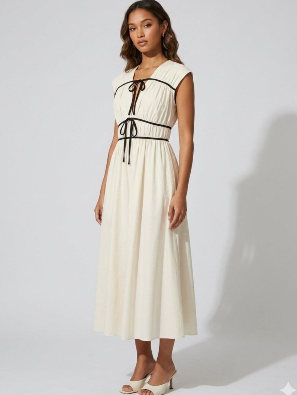 Storia Romantic Cream Midi Dress with Black Piping & Tie Detail Size Med Scandi